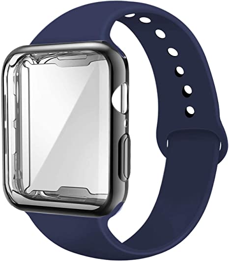 Uitee Apple Watch Band with Case, Soft Silicone Sport Replacement Wristband with Apple Watch Screen Protector Compatible for iWatch Apple Watch Series 5/4 44MM M/L (Midnight Blue)