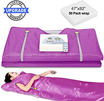 Lofan Portable Infrared Sauna Blanket, Digital Far-Infrared Heat Sauna Blanket 2 Zone, Personal Sauna for Relaxation at Home with 50 Packs Plastic Sheeting for Body Wrap,2020 Upgraded Version, Purple