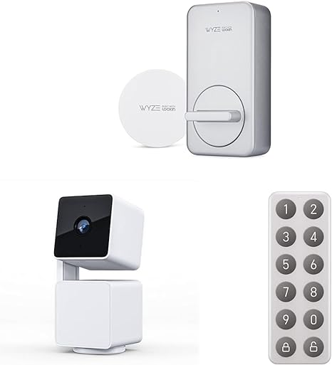 Wyze Lock WiFi & Bluetooth Enabled Smart Door Lock & Cam Pan v3 Indoor/Outdoor IP65-Rated 1080p Pan/Tilt/Zoom Wi-Fi Smart Home Security Camera & Lock Keypad for Wyze Lock, Silver