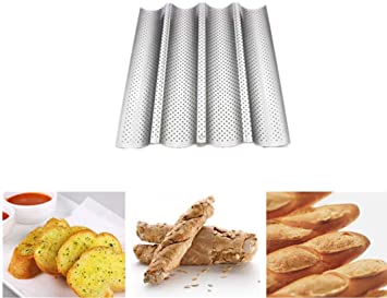 French Bread Baking Mold Nonstick Coating Perforated Baguette Bread Pans for French Bread Baking 4 Loaves Groove Waves Bread Baking Tools