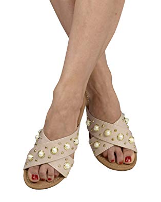 Peach Couture Womens Pearl Studded Criss Cross Band Slides Sandals