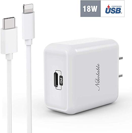 iPhone Fast Charger - Nikolable 18W PD Wall Charger Apple Certified 6FT USB C to Lightning Cable, Power Delivery Adapter Support Quick Charging for iPhone 11 Pro Max XR XS X 8 Plus iPad Pro