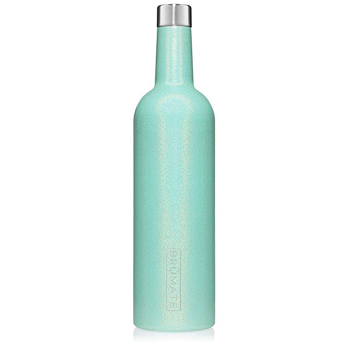BrüMate Winesulator 25 Oz Triple-Walled Insulated Wine Canteen Made Of Stainless Steel, 24-hour Temperature Retention, Shatterproof, Comes With Matching Silicone Funnel (Glitter Aqua)