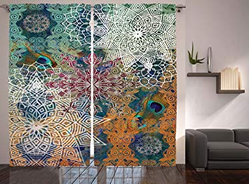 Ambesonne Ethnic Curtains, Vintage Style Oriental Composition with Mandala Flowers and Peacock Feathers, Living Room Bedroom Window Drapes 2 Panel Set, 108" X 84", Mustard White