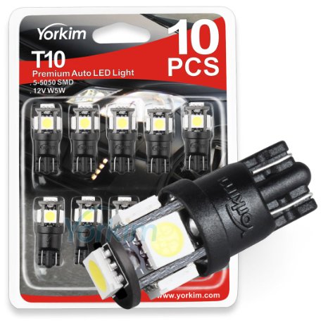 194 LED Light bulb Yorkim 6th Generation Non-Polarity12V Lights for 168 2825T10 5-SMD LED Bulb Replacement and Reverse White BulbsUsed For Signal Lights Trunk Lights Dashboard Lights Parking Lights With Great Brightness and Longer LifePack of 10