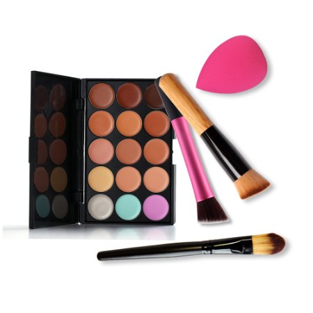 U-beauty 15 Colors Contour Face Cream Makeup Concealer Palette  3PCS Powder Brush With Free Foundation Puff Sponge