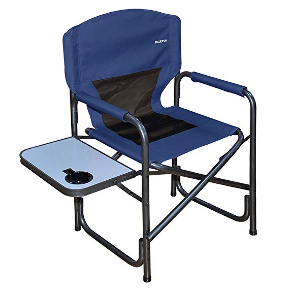 Suzeten Oversized Deck Chair Folding Camping Portable Lightweight Chair with Mesh Back Pocket, Side Table for Camping Outdoor Fishing Supports to 225 lbs, Navy Blue