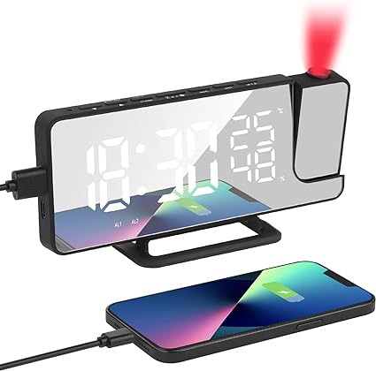 Vicloon Digital Alarm Clock, Projection Alarm Clock, LED Mirror Alarm Clock, Alarm Clock Bedside with Light Sensing Dimming Mode, Adjustable Brightness, USB Port Battery Powered Alarm Clock