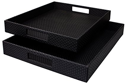 WOOSAL Decorative Tray Rectangular Leather Rattan Plaited Serving Trays With Handles,Set of 2 (Black)