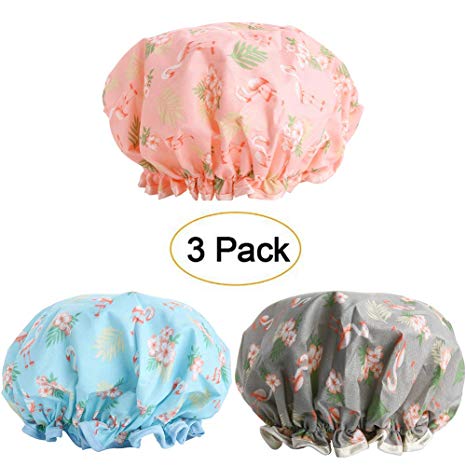 Shower Caps, 3 PACK Bath Cap for Women Waterproof & Adjustable Double Layered Shower Cap (Multi-colored9)