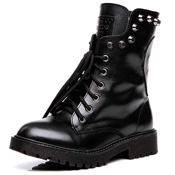 Shenn Women's Round Toe Knee High Punk Military Combat Boots