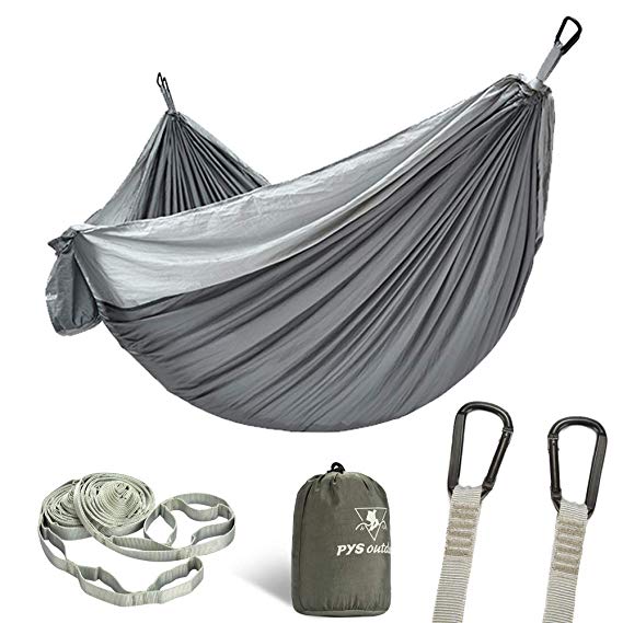 pys Double Portable Camping Hammock with Straps Outdoor -Nylon Parachute Hammock with Tree Straps Set with Max 1200 lbs Breaking Capacity, for Backpacking, Hiking, Travel (Gray Silver Gray)