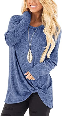 Sieanear Women's Casual Long Sleeve T-Shirt Tops Twist Knot Front Tunics