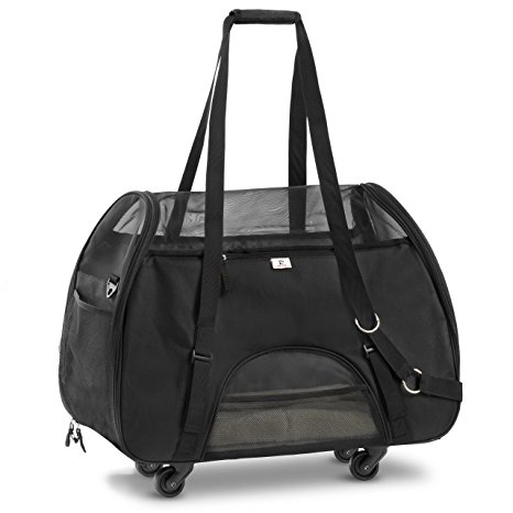 Airline Approved Pet Carrier - Black Travel Carrier with Wheels and Soft Sides For Small Pets- New Structural Design .Approved By American Jet Blue & Southwest Airlines by WPS Pet supplies