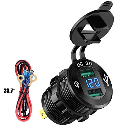 YonHan Quick Charge 3.0 Dual USB Charger Socket, Waterproof Aluminum Power Outlet Fast Charge with LED Voltmeter & Wire Fuse DIY Kit for 12V/24V Car Boat Marine ATV Bus Truck and More