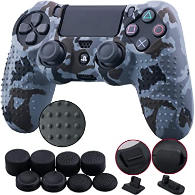 9CDeer 1 Piece of Silicone Studded Water Transfer Protective Sleeve Case Cover Skin   8 Thumb Grips Analog Caps   2 dust Proof Plugs for PS4/Slim/Pro Dualshock 4 Controller, Grey Camouflage