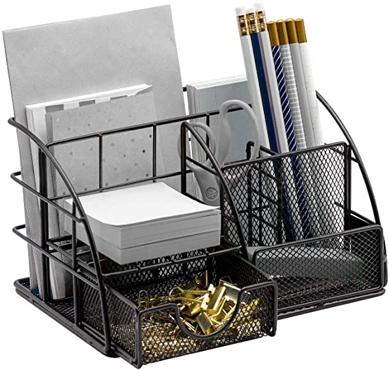 Sorbus Desk Organizer, All-in-One Stylish Mesh Desktop Caddy Includes Pen/Pencil Holder, Mail Organizer, and Sliding Drawer, Great for Home or Office (All-in-One Caddy - Black)