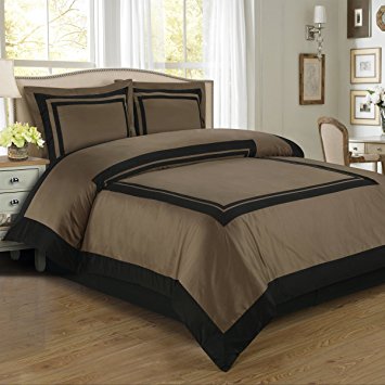 Deluxe Reversible Hotel Comforter Set, 100% Cotton 300 Thread Count Bedding, woven with superior single-ply yarn. 2 piece Twin / Twin Extra-Long Size Comforter Set, Taupe and Black