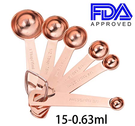 Copper Measuring Spoons,Set of 6, Ideal For All Ingredients,Copper Stainless Steel Measuring Spoons, Mirror Polished. (Set of 6（15ml-0.63ml）)