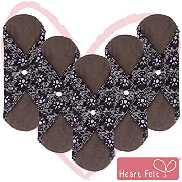 Heart Felt Reusable XL Cloth Menstrual Sanitary Pads (5 Pack, Heavy Flow) Bamboo Charcoal Absorbency Layer, Overnight Washable Incontinence or Period Panty Liners for Women (Blue Lace)