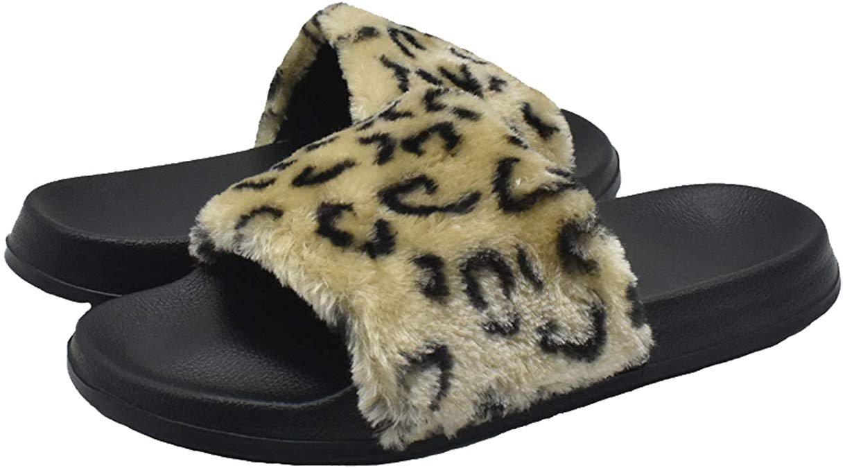 Womens Faux Fur Flat Slide Sandals Fluffy Open Toe Slipper Soft Cozy Plush Indoor Slip on Shoes