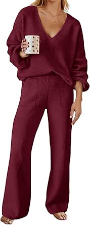 MEROKEETY Women's 2 Piece Outfits Long Sleeve V Neck Knit Pullover Tops and Wide Leg Pant Lounge Set