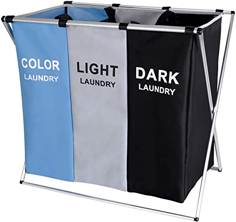 BRIGHTSHOW 135L Laundry Cloth Hamper Sorter Basket Bin Foldable 3 Sections with Aluminum Frame 62cm × 37cm x 58cm Washing Storage Dirty Clothes Bag for Bathroom Bedroom Home (Blue Grey Black)