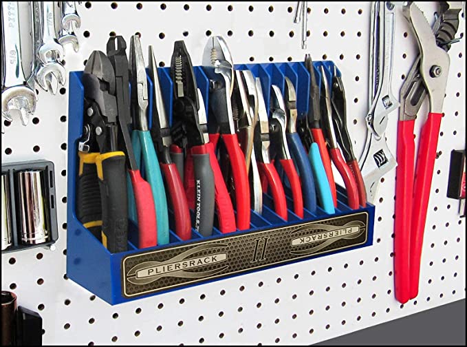 Plyworx PLR16 PliersRack Blue, Pliers Organizer, mounts on a pegboard, holds 16 pliers of all sizes, fits in your toolbox drawer or on top of your workbench. Special tilt feature.
