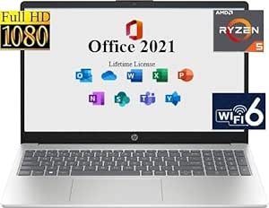 HP Laptop Computer for Business & Student,with Microsoft Office 2021 Lifetime License,15.6" FHD Display, AMD Ryzen 5-7520U,16GB LPDDR5, 512GB PCIe SSD, WiFi 6, Windows 11 Pro, Silver