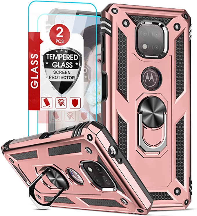 Motorola Moto G Power 2021 Case with [2 Pack] Tempered Glass Screen Protector, LeYi [Military-Grade] Shockproof Protective Phone Cover with Ring Kickstand for Moto G Power 2021 (Rose Gold)