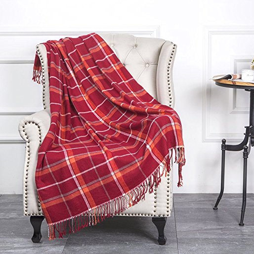 Great Gift for Valentine's Day Red Plaid Throw Blanket Shawl All Season Acrylic Cozy Soft Reversible Picnic Stadium Camp Blanket Fringe Plaid for Bed/Sofa/Couch ,Cashmere-Like 50"W x 60"L (Red)