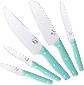 GreenLife High Carbon Stainless Steel 5 Piece Knife Set with Covers, Includes Chef Santoku Serrated Utility and Pairing, Comfort Grip Handles, Triple Rivet Cutlery, Turquoise