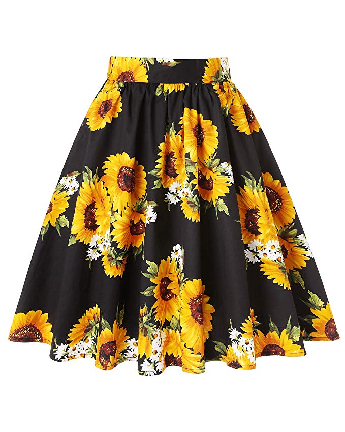 MINTLIMIT 1950's Vintage Pleated Skirt A-line Retro Floral Printed Midi Skirts with Pockets
