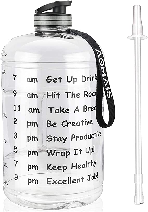 AOMAIS Gallon Water Bottle with Motivational Time Marker, Large 128 oz, Leak-Proof, Wide Mouth, BPA Free Water Bottles for Sports Gym Fitness Work