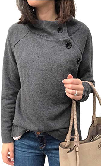 Angashion Women's Sweatshirts - Casual Button Down Asymmetrical High Neck Fleece Lined Long Sleeve Pullover Sweatshirt Tops