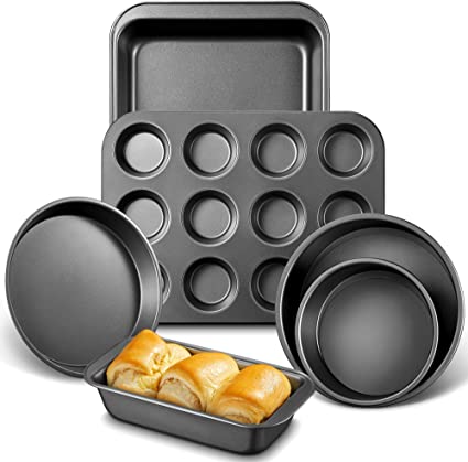 Deik 6-Piece Bakeware Set Non Stick Baking Set, Carbon Steel Bakeware Sets - with 2 x Round Cake Tins, Pizza Pan, Toast Pan, Rectangle Baking Pan, 12 Muffin Tray, BPA Free