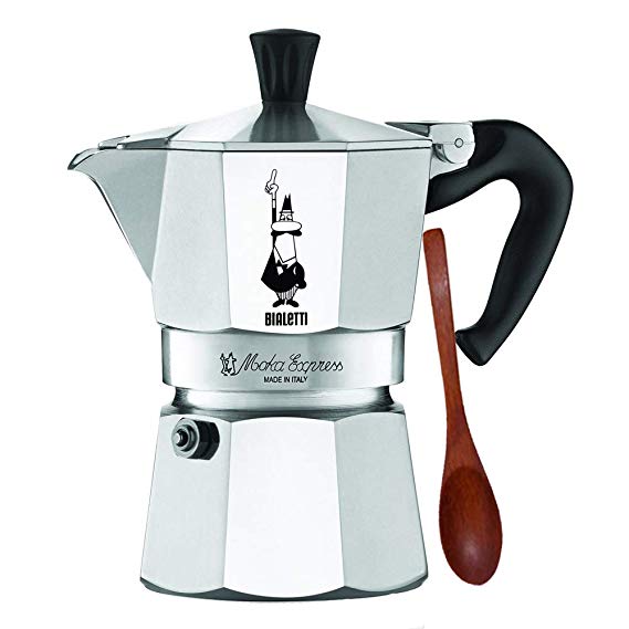 Original Bialetti 3-Espresso Cup Moka Express | Espresso Maker Machine and Zonoz Wooden Small Espresso Stirring Spoon Bundle (3-cup, 6.5 fl oz, 200 ml)