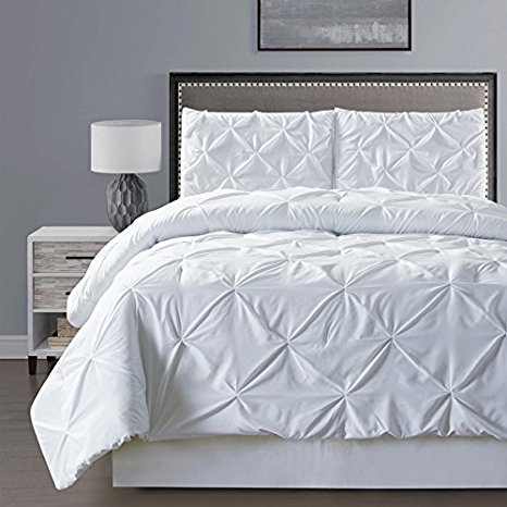 3- Piece Solid WHITE Pinch Pleat DUVET COVER Set FULL / QUEEN Size Bedding