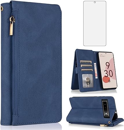 Compatible with Google Pixel 6A 5G 2022 Wallet Case Tempered Glass Screen Protector and Zipper Wrist Strap Retro Leather Flip Cover Card Holder Stand Cell Accessories for Pixel6A A6 Women Men Blue
