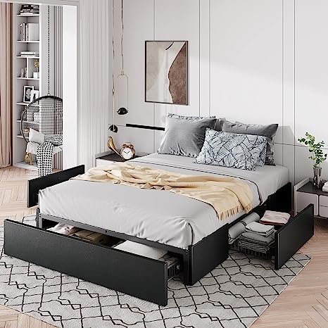 Allewie Queen Size Platform Bed Frame with 3 Storage Drawers, Faux Leather Upholstered, Wooden Slats Support, No Box Spring Needed, Easy Assembly, Black