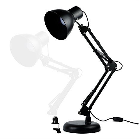 GLCON Dimmable Swing Arm LED Desk Lamp,2 In 1 Metal Architect Two Long Arm with Base and Clamp,3-Level Dimmer Switch Eye Care Table Light 360 degree Adjustable folding Outlet Home Office Studio Black