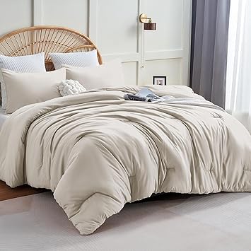 CozyLux Beige Comforter Set King Size, 3 Pieces Boho Solid Breathable Quilted Style Bedding Sets, Luxury Fluffy Soft Microfiber Comforter for All Season(1 Comforter & 2 Pillowcases)