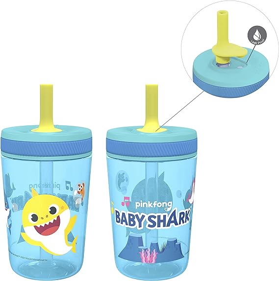 Zak Designs 15oz Baby Shark Kelso Tumbler Set, BPA-Free Leak-Proof Screw-On Lid with Straw Made of Durable Plastic and Silicone, Perfect Bundle for Kids (2pcs Set)