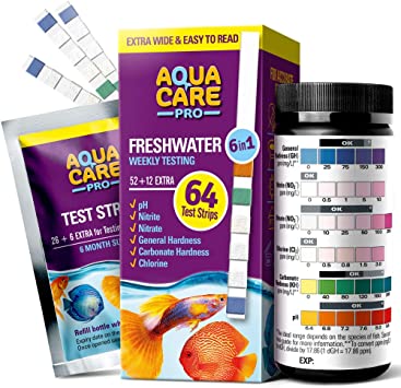 Freshwater Aquarium Test Strips 6 in 1 - Fish Tank Test Kit for Testing pH Nitrite Nitrate Chlorine General & Carbonate Hardness (GH & KH) - Easy to Read Wide Strips & Full Water Testing Guide