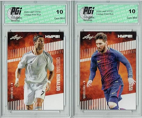 2) Cristiano Ronaldo 2020 Leaf HYPE! #47 & Lionel Messi #46 SP Card Lot PGI 10