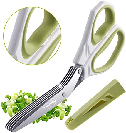 TANSUNG Herb Scissors, 5 Stainless Steel Blades and Blade Shield as Cleaning Tool, Kitchen Herb Cutting Scissors for Fresh Green Onion, Cilantro, Basil, Parsley, Save cutting time and Easy to clean