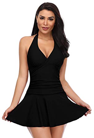 SHEKINI Women's One Piece Skirt Swimsuit Ruched Retro Swimdress Bathing Suit