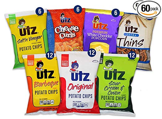 Utz Jumbo Snack Variety Pack (Pack of 60) Individual Snack Bags, Includes Potato Chips, Cheese Curls, Popcorn and Pretzels, Crunchy Travel Snacks for Lunches, Vending Machines, and Enjoying on the Go