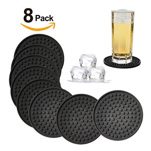 Silicone Drink Coasters Set of 8-Deep Tray,Large 4.3 inches Size Protect Table Desk From Drinks, Beverage,Water or Alcohol Like Whiskey, Beer, Wine,Tropical Cocktails by Kindga (Black-Heart)