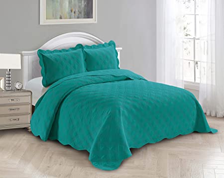 Fancy Linen 3pc Embossed Coverlet Bedspread Set Oversized Bed Cover Solid Modern Squared Pattern New # Jenni (King/California King, Turquoise)